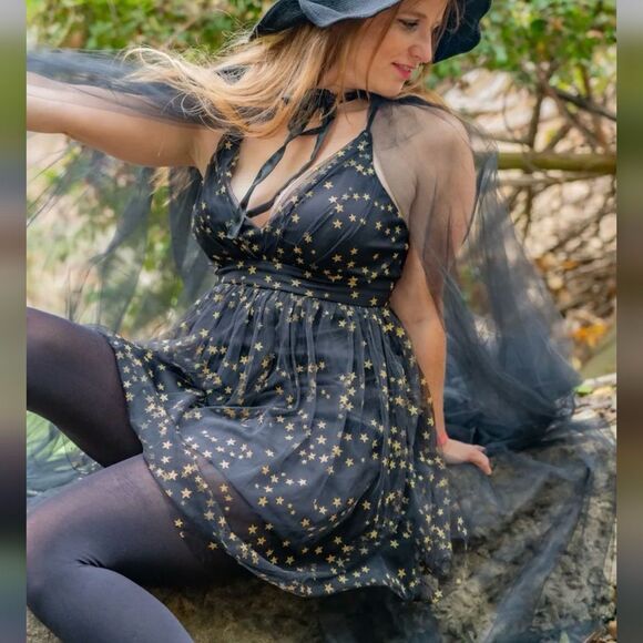 Lulus Favorite Moment Black & Gold Star Print Backless Skater Dress - Picture 6 of 16